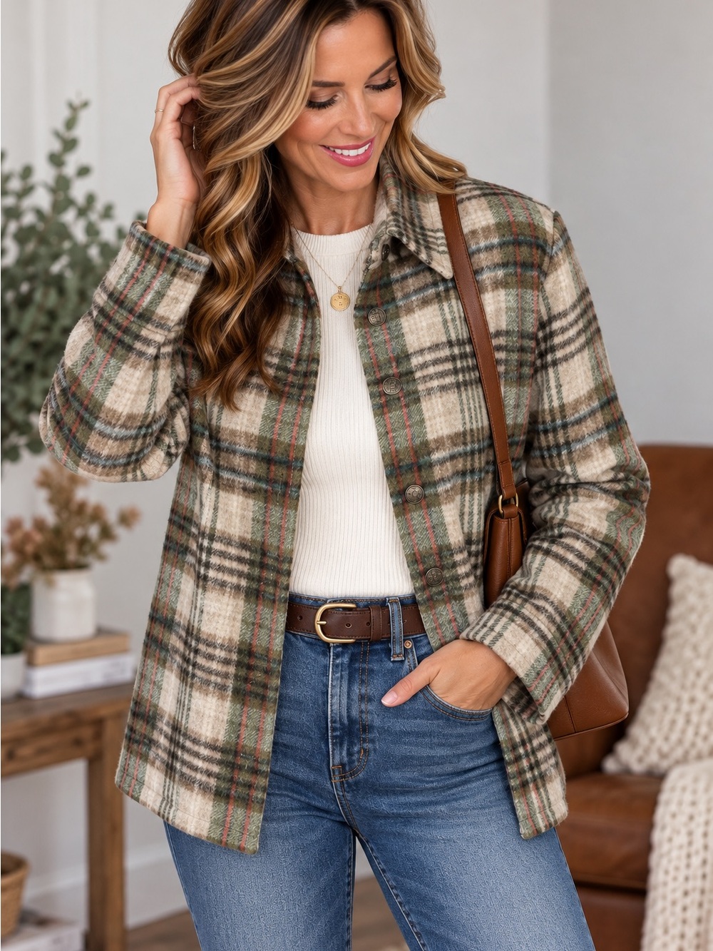 Evan Picone Plaid Button-Front Blazer Jacket in Beige, Green and Brown